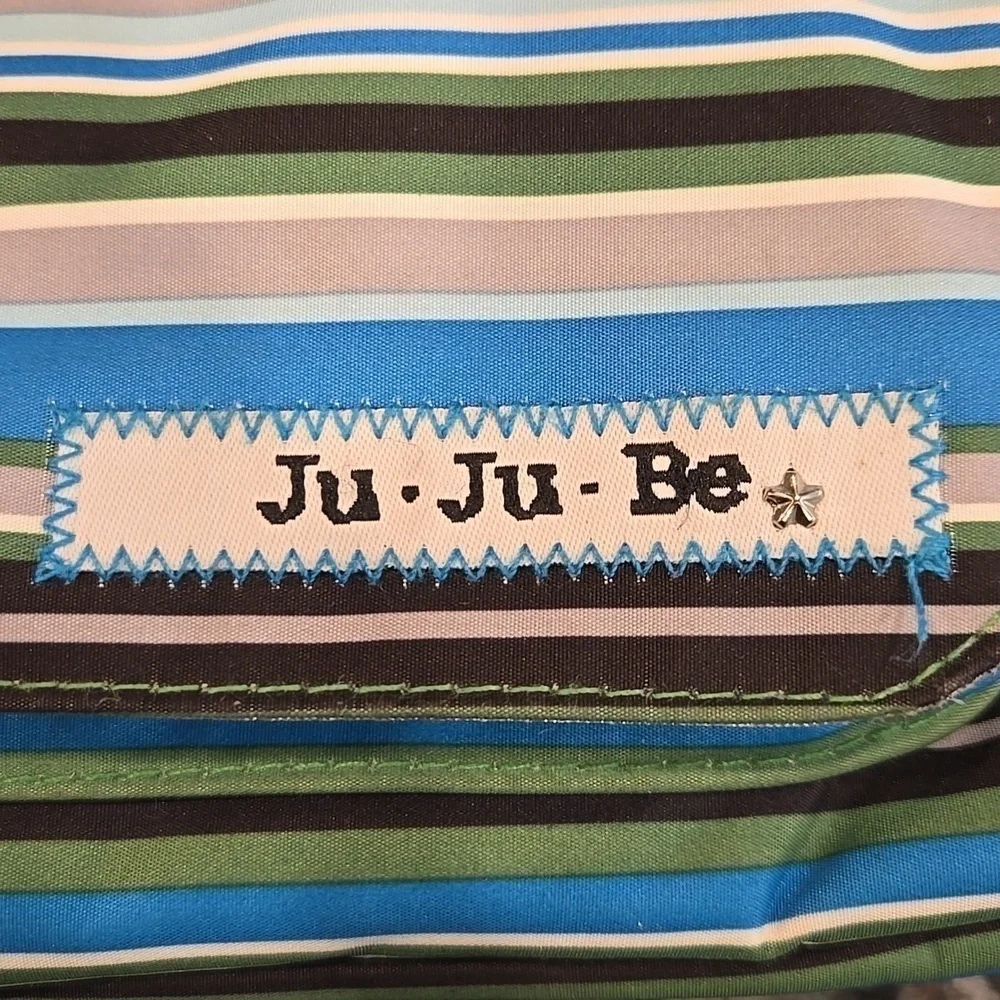 JU JU BE BETTER BEE STRIPED MESSANGER DIAPER BAG WITH CHANGING PAD.